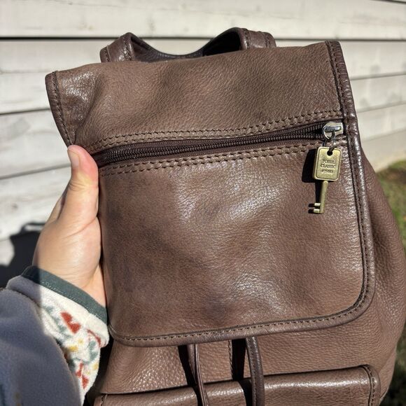 Fossil 75082 Brown Leather Backpack Drawstring Flap Pocket Bag Vintage - Picture 4 of 14